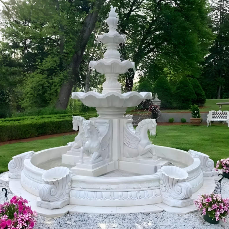 Natural White Marble Outdoor Water Fountain with Horse